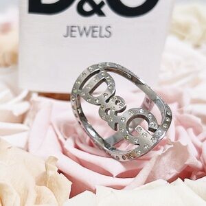 Authentic Dolce & Gabbana Silver & Crystal Toned Cocktail Logo Ring